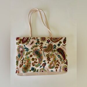Embroidered Paisley Shoulder Bag - Cream
